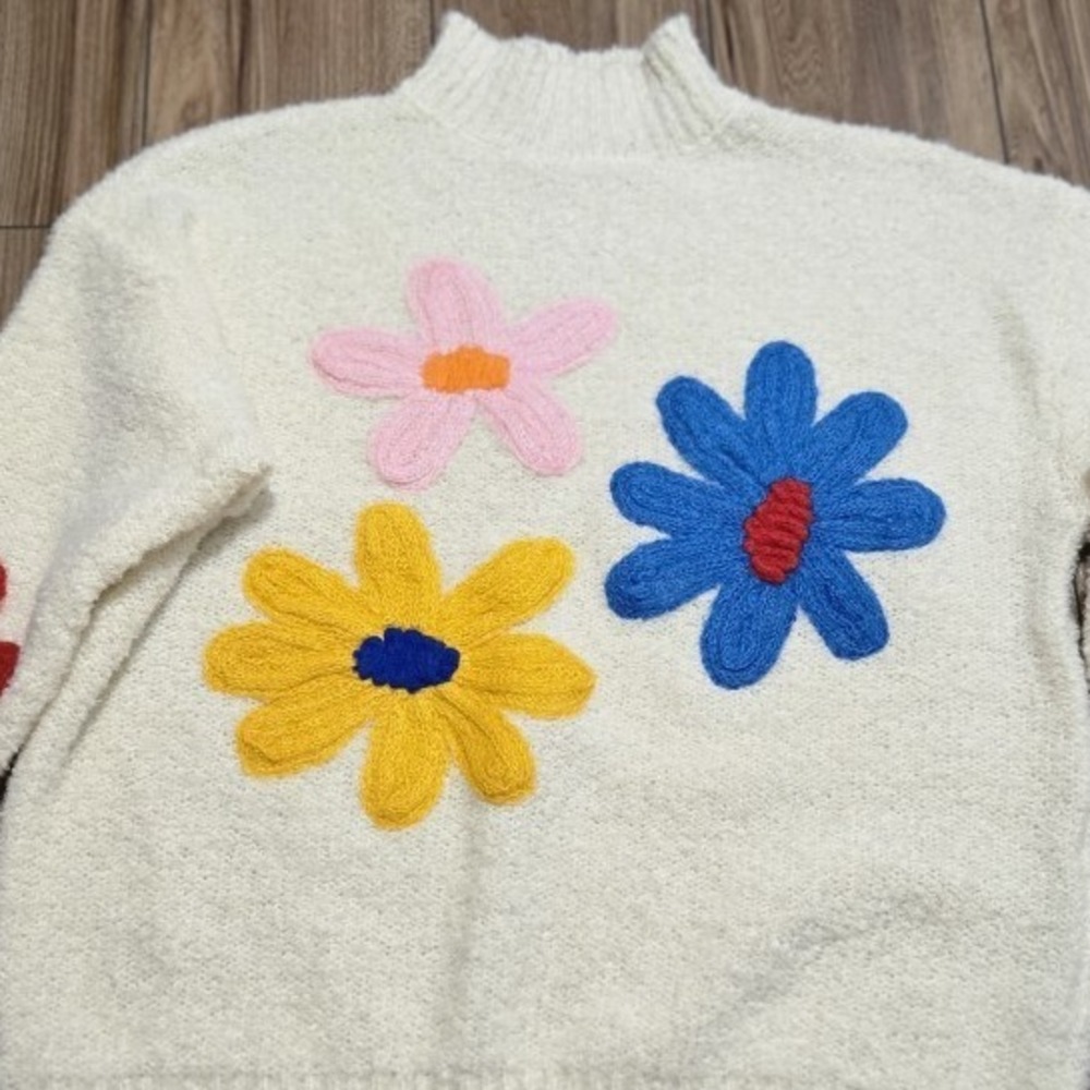 Cream Mock Neck Sweater 3D Flower Applique Knit Top Women's 2XL - Picture 1 of 8